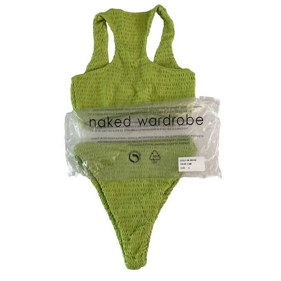 Naked Wardrobe Swim Sz Small 2-Piece Bikini Smocked Bathing Suit Lime Green NIB - Picture 3 of 7